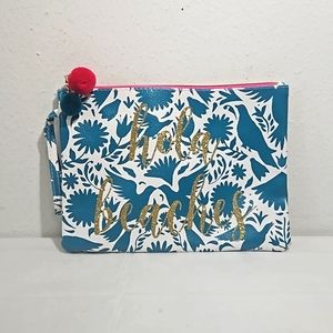 hola beaches gold glitter lettering over birds & floral print large wristlet
